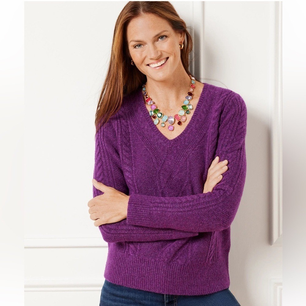 TALBOTS WOOL‎ BLEND CABLE KNIT SWEATER PURPLE PL NWT
